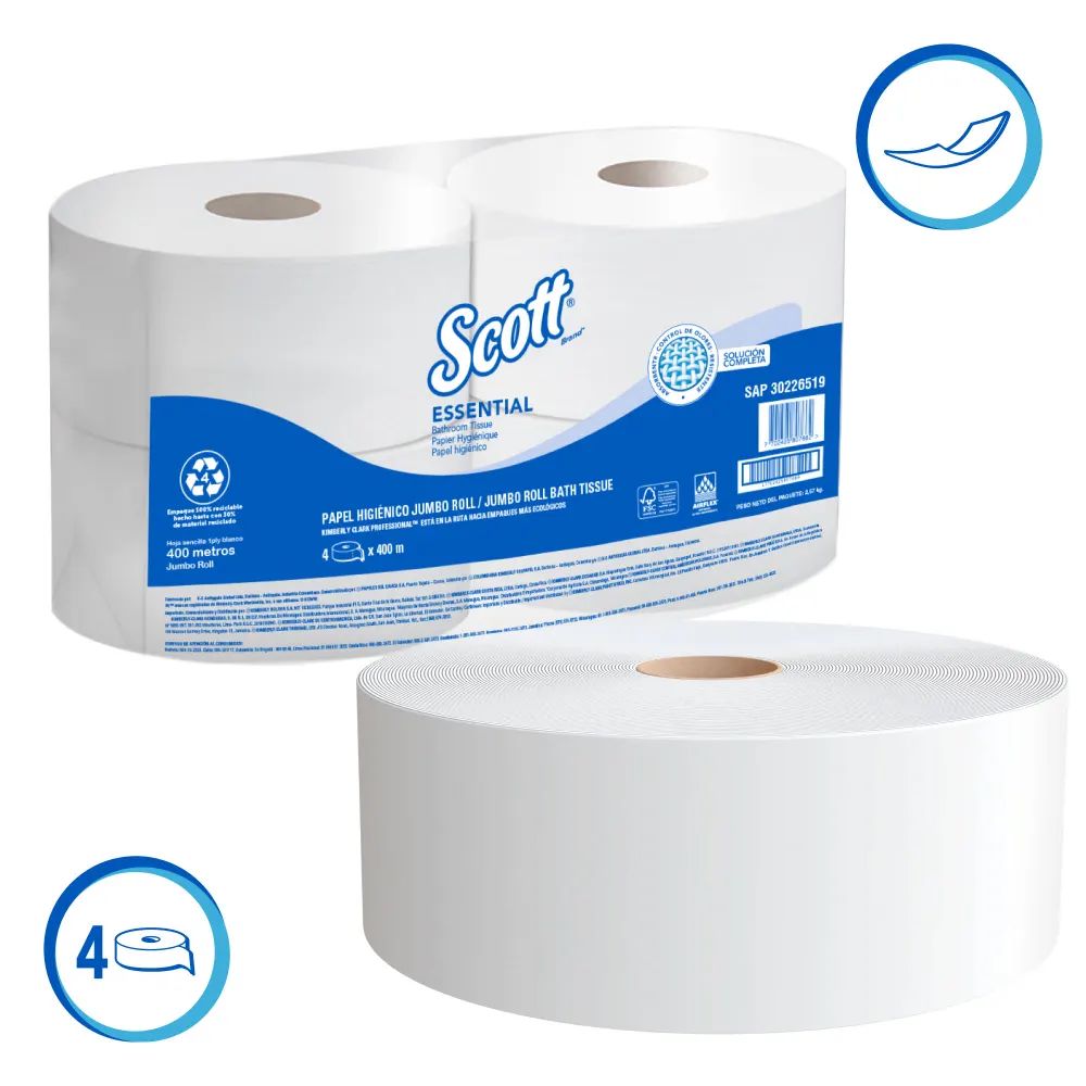 Papel Higiénico Jumbo SCOTT® ESSENTIAL 1x4  400 mts Blanco 1 H SKU-30226519