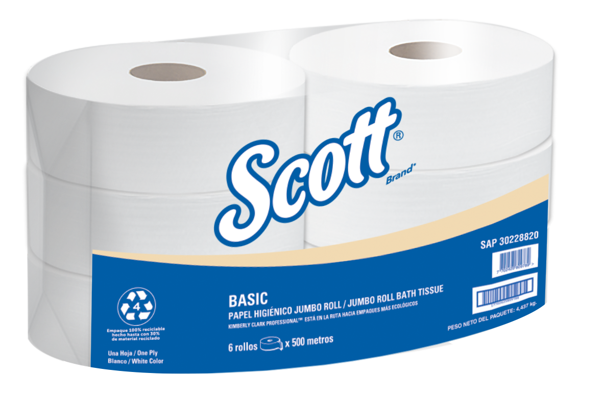Papel Higiénico Jumbo SCOTT® BASIC 1x6  Blanco  Clase A  1 Hoja  6 Rollos  500 Mts SKU 30228820