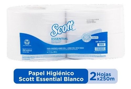 Papel Higiénico Jumbo  SCOTT® ESSENTIAL 1x4  Blanco  Clase A  2 Hoja  250mts SKU 30224083 (Encapsulado Elimina Olores)