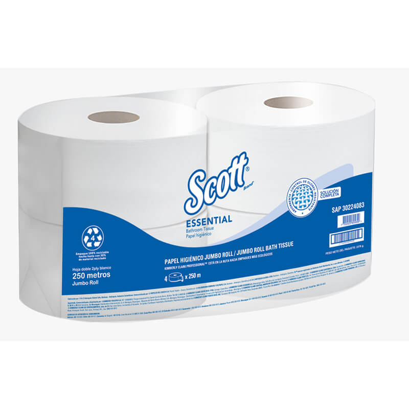 Papel Higiénico Jumbo  SCOTT® ESSENTIAL 1x4  Blanco  Clase A  2 Hoja  250mts SKU 30224083 (Encapsulado Elimina Olores)
