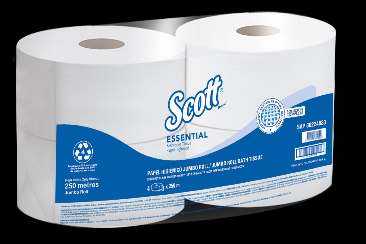 Papel Higiénico Jumbo  SCOTT® ESSENTIAL 1x4  Blanco  Clase A  2 Hoja  250mts SKU 30224083 (Encapsulado Elimina Olores)