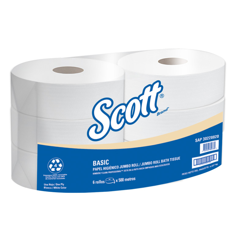 Papel Higiénico Jumbo SCOTT® BASIC 1x6  Blanco  Clase A  1 Hoja  6 Rollos  500 Mts SKU 30228820