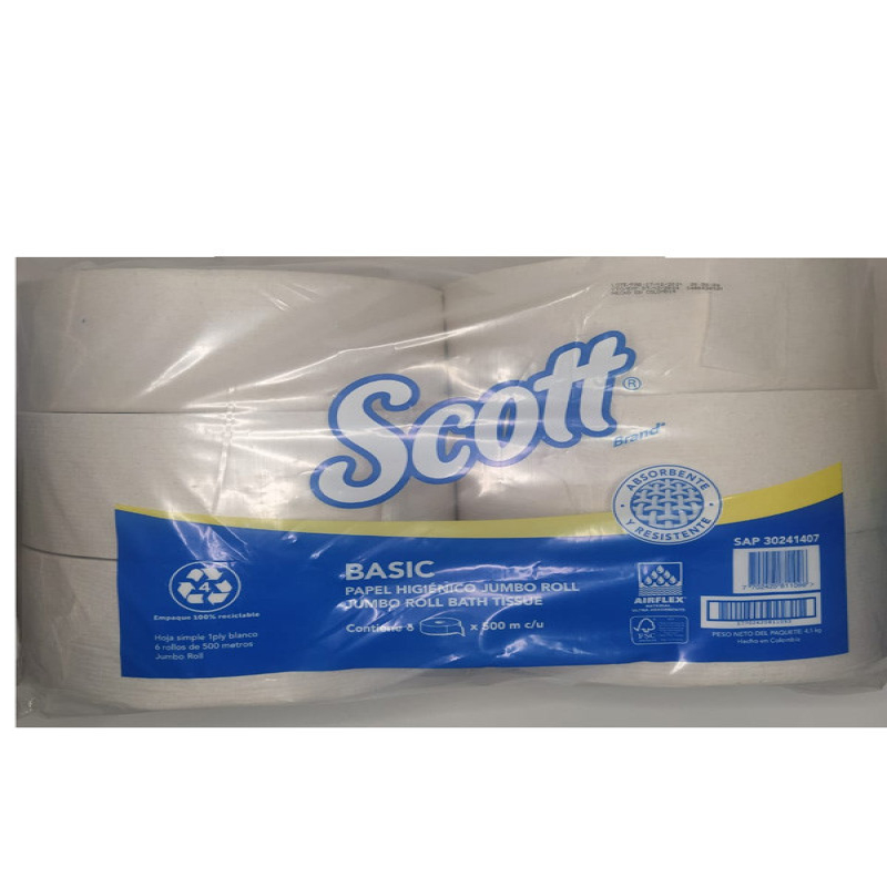 Papel Higiénico Jumbo SCOTT® BASIC TRAFICO1 Ply 6 Rollos 1x6 500 Mts SKU 30241407