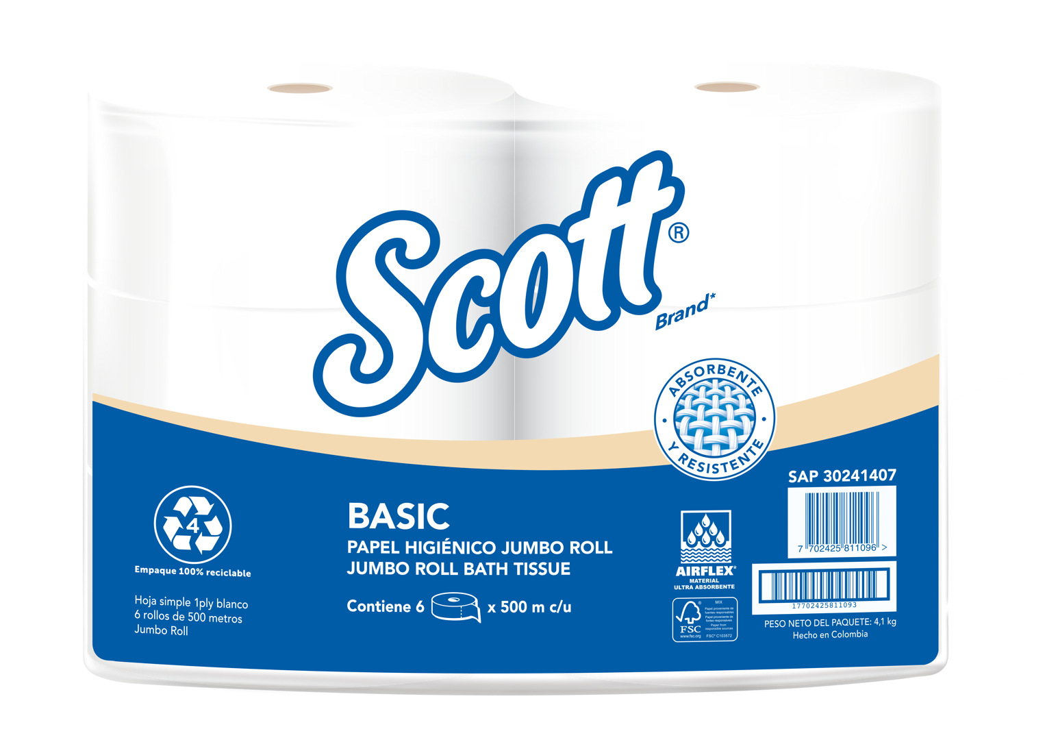 Papel Higiénico Jumbo SCOTT® BASIC TRAFICO1 Ply 6 Rollos 1x6 500 Mts SKU 30241407